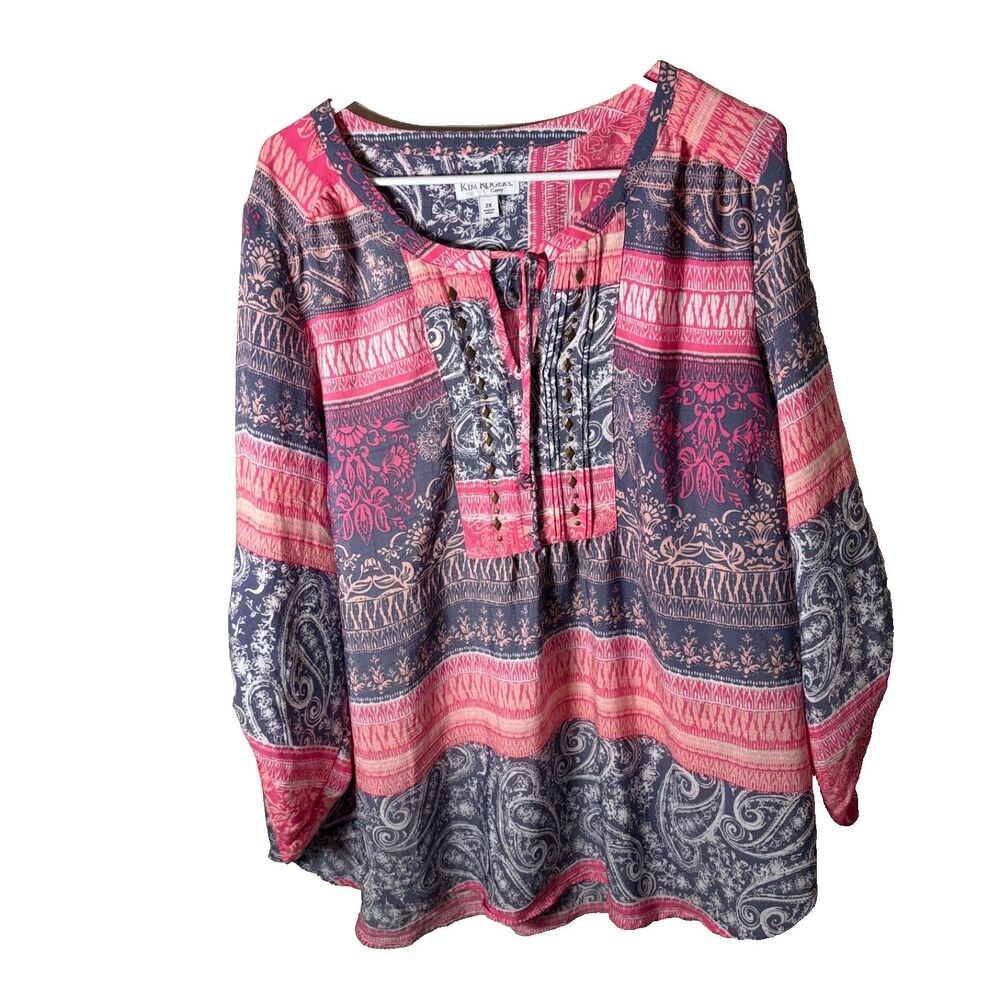 Kim Rogers Blouse Women's 2X V-Neck 3/4 Sleeve Lightweight Top Shirt Boho